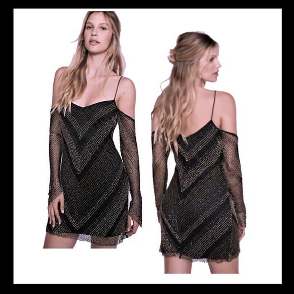 FREE PEOPLE Cold Shoulder Long Sleeve Beaded Deco Dress "Draw the Line" - Picture 2 of 9